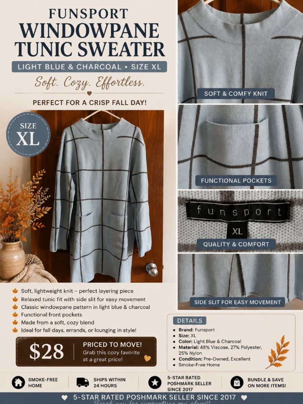 Funsport XL Windowpane Tunic Sweater Light Blue Charcoal Soft Knit Pockets